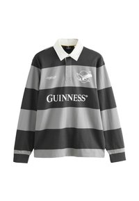 Majica za ragbi s dugim rukavima s crnim i sivim horizontalnim prugama, bijelim ovratnikom, Guinness logotipom i grafikom ptice koja drži pintu na prsima.