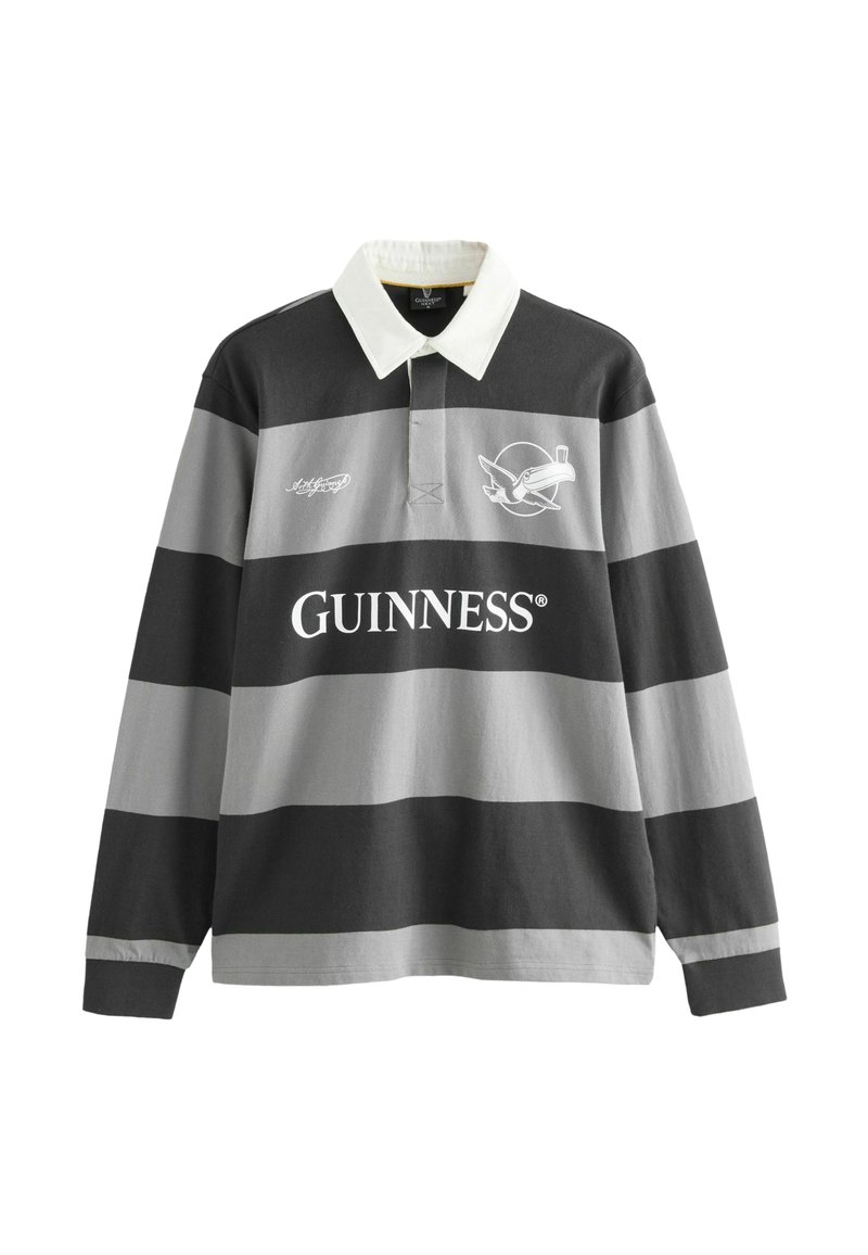 Majica za ragbi s dugim rukavima s crnim i sivim horizontalnim prugama, bijelim ovratnikom, Guinness logotipom i grafikom ptice koja drži pintu na prsima.