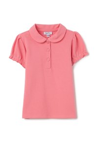 Camiseta polo rosa de algodón. Presenta un cuello redondeado, mangas cortas abullonadas y una tapeta de tres botones. Textura suave con un color sólido.