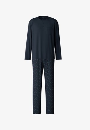 Haut de pyjama à manches longues marine avec une poche et une patte de boutonnage ; le pantalon assorti présente un motif de petites formes colorées sur un fond sombre.