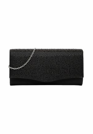 Borsa clutch rettangolare nera con strass neri sulla patta e catena argentata su sfondo bianco.