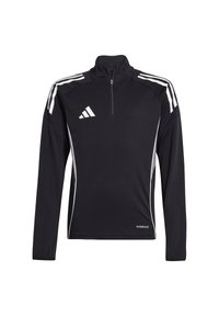 Zwart langemouwen sporttop met een hoge kraag, witte streepaccenten en een kwartrits. Bevat "AEROREADY" branding aan de onderkant.