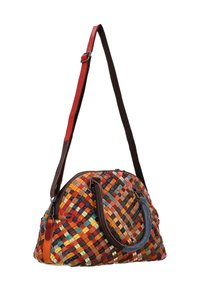 Geantă țesută cu modele multicolore din material textil, cu accente din piele, mânere de culoare maro închis și închidere cu fermoar. Curea ajustabilă inclusă.