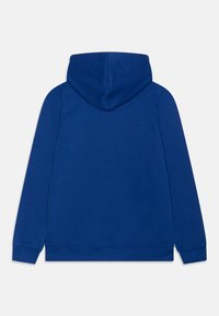 Sweat à capuche bleu avec une texture douce, doté d'une poche kangourou unique et de poignets et ourlet côtelés. La vue de dos ne présente aucun motif.