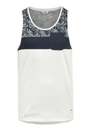 Tricou fără mâneci pentru bărbați, caracterizat printr-un corp gri deschis, cu un panou pe piept de culoare albastru marin și un model cu frunze de palmier, dintr-un amestec de bumbac, având un buzunar frontal.