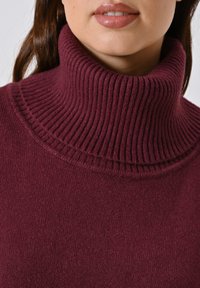 Burgunderfarbener Rollkragenpullover mit geripptem Muster, ausgestattet mit einem dicken, hohen Kragen und einem glatten Strickkörper. Auffällige, weiche Stoffoberfläche.