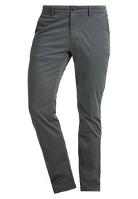 Mörkgrå slim-fit byxor gjorda av ett slätt tyg, med stängning fram med knapp och standard bälteshällor, utan synliga mönster.