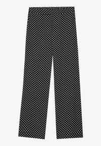 Black wide-leg pants with a polka dot pattern in white. Features a plain waistband and a smooth fabric texture. Suitable for casual wear.
