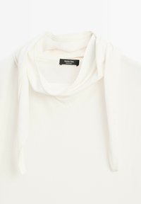 White long-sleeve top with a draped neckline detail. Features a v-neck and a label reading "Massimo Dutti." Soft, lightweight fabric.