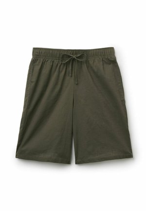 Shorts longueur genou vert olive avec taille élastique et cordon noué, vue à plat sur fond blanc.