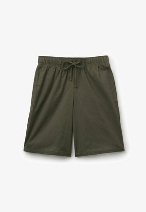 Shorts longueur genou vert olive avec taille élastique et cordon noué, vue à plat sur fond blanc.