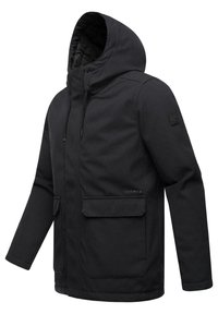 Black hooded jacket with a zip front, two front pockets, and a textured finish. Features an adjustable hood and branding on the sleeve.
