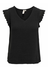 Crni top s V-izrezom i kratkim, valovitim rukavima s detaljima od čipkastog materijala. Izrađen je od teksturirane tkanine s opuštenim krojem.