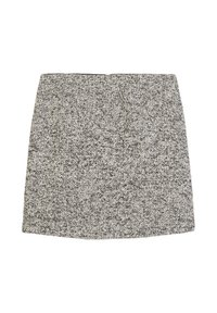 Grijze tweed mini-jurk met een gestructureerde stof, subtiele gespikkelde patroon, recht gesneden ontwerp en een verborgen rits aan de achterkant.