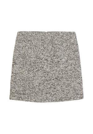 Grijze tweed mini-jurk met een gestructureerde stof, subtiele gespikkelde patroon, recht gesneden ontwerp en een verborgen rits aan de achterkant.