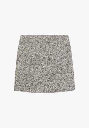 Grijze tweed mini-jurk met een gestructureerde stof, subtiele gespikkelde patroon, recht gesneden ontwerp en een verborgen rits aan de achterkant.