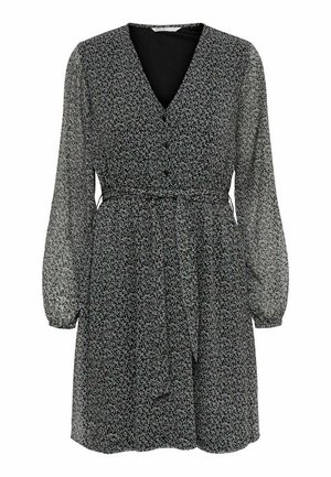 Schwarzes Kleid mit kleinem weißem Blumenmuster, V-Ausschnitt, durchgehender Knopfleiste, langen transparenten Ärmeln und einem Taillengürtel.