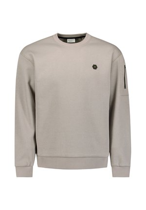 Lichtgrijze sweater met een ronde halslijn, geribbelde boorden en zoom. Voorzien van een klein zeshoekig logo en een ritssluitingzak op de mouw.