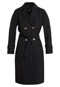 Svart dubbelknäppt trench coat med fyra ljusbruna knappar, självbindande midjebälte, slagkrag, långa ärmar med manschetter och snedställda framfickor.