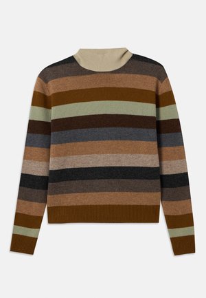 Suéter de punto a rayas con un cuello alto, que presenta bandas alternantes de marrón, gris, oliva y crema, con un dobladillo y puños acanalados.