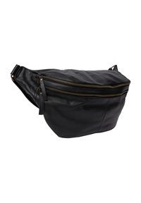 Marsupio in pelle nera con due tasche zip orizzontali, forma curva, texture liscia e dettagli in metallo dorato.