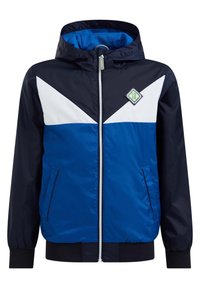 Sininen ja tummansininen huppari kevytmateriaali, jossa on valkoinen viisto-kuvio, vetoketjusuljenta ja sivutaskut.