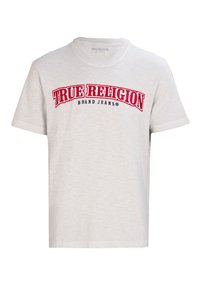 Pilkas trumpomis rankovėmis marškinėliai, kuriuose matyti raudonas ir juodas užrašas "TRUE RELIGION BRAND JEANS". Pagaminti iš minkštos medžiagos, su apvaliu kaklu.