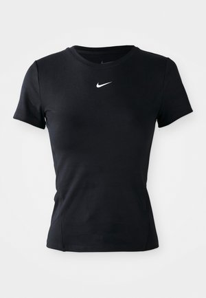 Must mustapää töötamisülikond lühikeste varrukatega, klassikalise ümmarguse kaelusega, mille keskel on väike valge Nike swoosh logo.