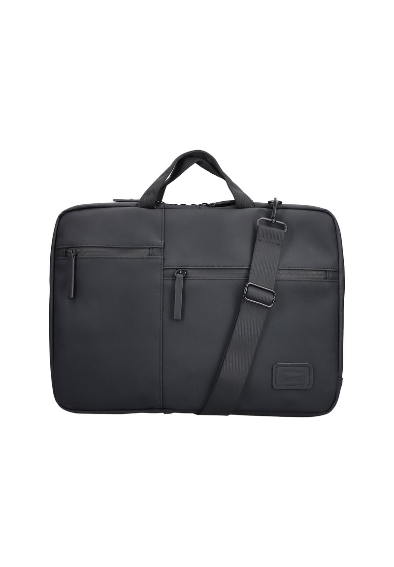 Schwarze Laptoptasche mit glatter, matter Oberfläche, zwei Griffen, einem verstellbaren Schulterriemen, zwei vorderen Reißverschlusstaschen und rechteckiger Form.