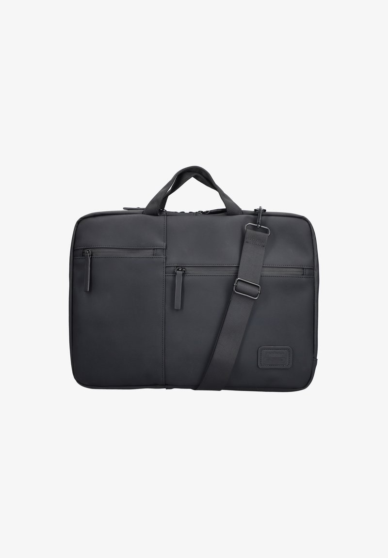 Schwarze Laptoptasche mit glatter, matter Oberfläche, zwei Griffen, einem verstellbaren Schulterriemen, zwei vorderen Reißverschlusstaschen und rechteckiger Form.