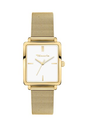 Goudkleurig vierkant horloge met een witte wijzerplaat, mesh bandontwerp, minimalistische markeringen en een ronde kroon aan de zijkant.