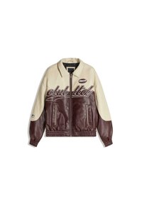 Zweifarbige Lederjacke mit cremefarbenem Körper und burgunderroten Ärmeln, Textlogo vorne, Reißverschluss und elastischen Bündchen sowie Saum.