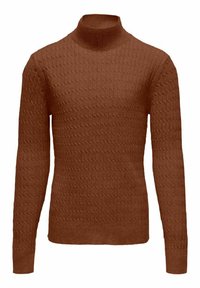 Brauner gestrickter Pullover mit engem Rollkragen. Verfügt über ein strukturiertes Rautenmuster und lange Ärmel, gefertigt aus einem weichen, warmen Stoff.