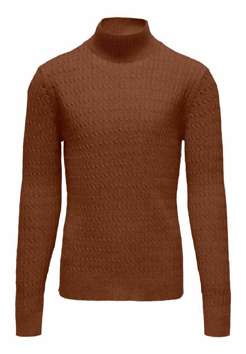 Brauner gestrickter Pullover mit engem Rollkragen. Verfügt über ein strukturiertes Rautenmuster und lange Ärmel, gefertigt aus einem weichen, warmen Stoff.
