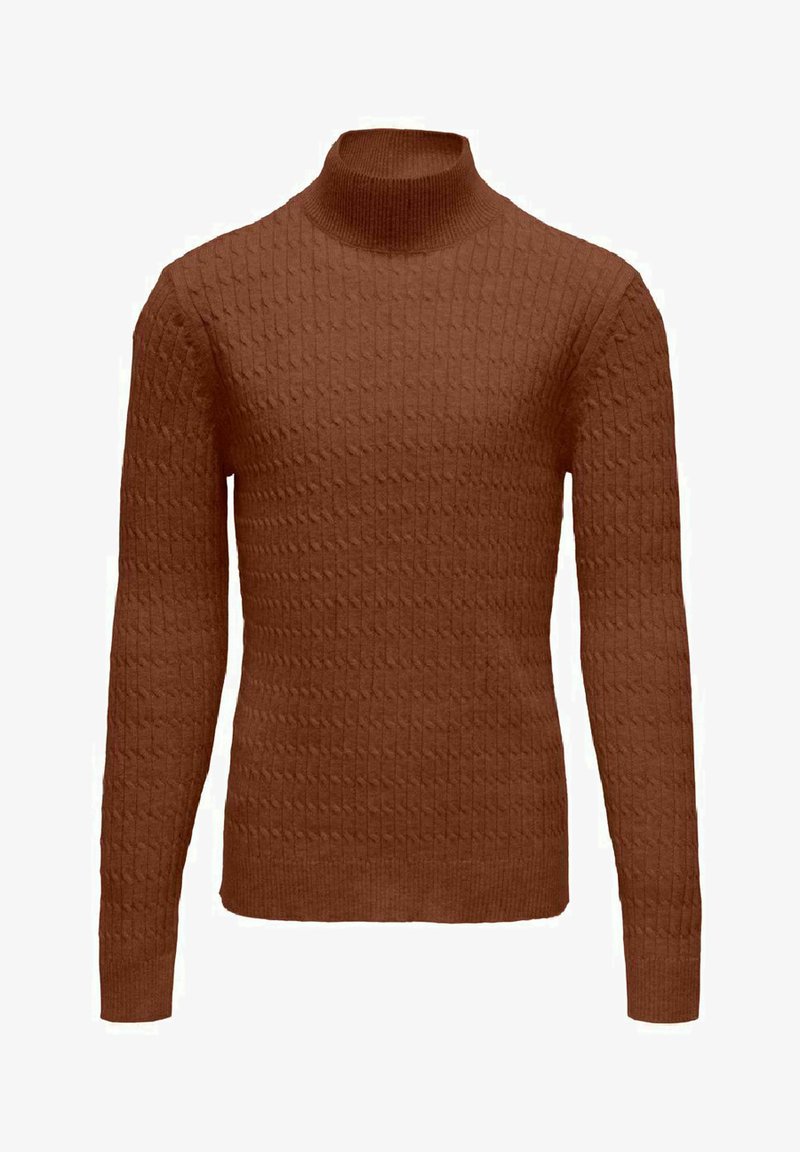 Brauner gestrickter Pullover mit engem Rollkragen. Verfügt über ein strukturiertes Rautenmuster und lange Ärmel, gefertigt aus einem weichen, warmen Stoff.