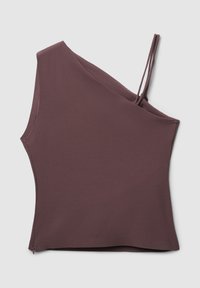 Top asimmetrico a spalla unica in tessuto mauve scuro. Presenta sottili spalline regolabili e una cerniera discreta sul lato. Texture morbida.