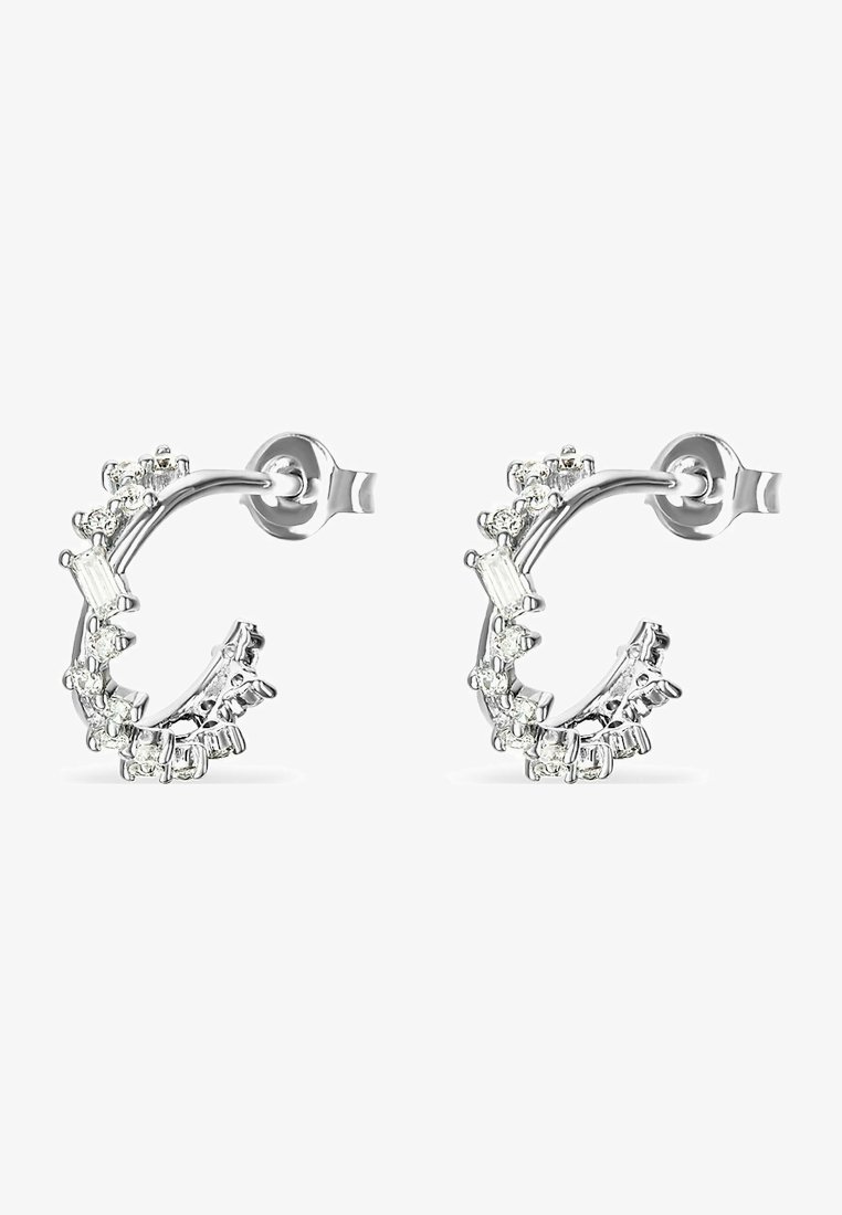 Silver hoop earrings featuring an intricate arrangement of small, clear cubic zirconia stones in various shapes along the front edge.