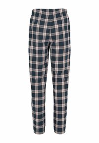 Pantalon bleu marine avec motif à carreaux blancs et rouges, taille élastique, coupe droite, présenté sur fond blanc uni.