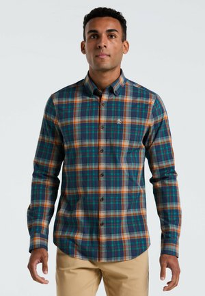 Heren overhemden met een ruitmotief in blauw, groen, oranje en grijs. Lange mouwen, button-down kraag en geborduurd logo op de borst.