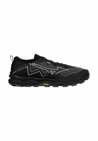 Zapatilla de trail running negra con una parte superior texturizada, patrón de zigzag blanco y suela de goma. Cuenta con amortiguación y la marca Vibram.