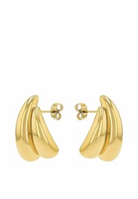 Guld-färgade örhängen med en slät, blank yta. Har en kurvad, dubbel vågdesign och fjärilslås för säker användning.