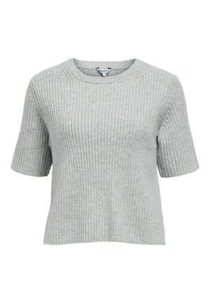 Grau kurzärmliger Rippstrickpullover mit Rundhalsausschnitt und boxy Passform, mit vertikaler Struktur und sauber verarbeiteten Kanten.