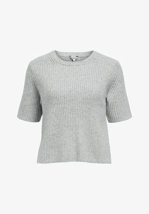 Grau kurzärmliger Rippstrickpullover mit Rundhalsausschnitt und boxy Passform, mit vertikaler Struktur und sauber verarbeiteten Kanten.