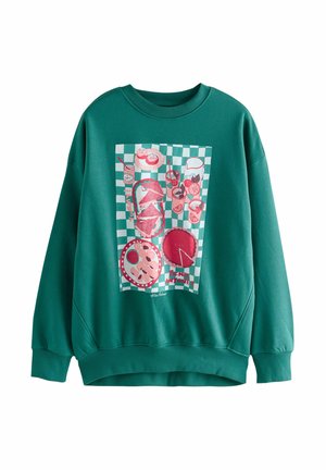 Grøn sweatshirt med en stor grafik, der viser madvarer på en ternet baggrund. Materialet er blødt, med en løs pasform og ribbede ærmeafslutninger.