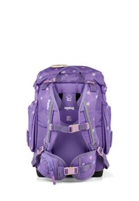 Paarse ergonomische rugzak met verhoogde patronen en stippen, gevoerde schouderbanden, verstelbare sluitingen en een gestructureerd ontwerp voor ondersteuning.