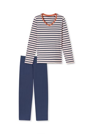 Randig långärmad tröja med marinblå och vita horisontella ränder, orange V-ringning, i kombination med ensfärgade marinblå pyjamasbyxor, mjukt bomullsmaterial.