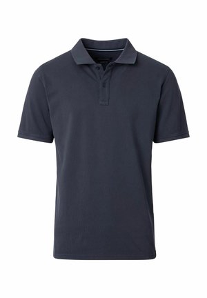 Navyblaues Polohemd aus glattem Stoff, mit klassischem Kragen, drei Knöpfen und kurzen Ärmeln. Einfaches und vielseitiges Design.