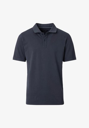 Navyblaues Polohemd aus glattem Stoff, mit klassischem Kragen, drei Knöpfen und kurzen Ärmeln. Einfaches und vielseitiges Design.