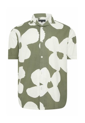 Camicia a maniche corte con bottoni, grandi motivi floreali bianchi su sfondo verde oliva, vestibilità comoda, collo classico ampio.
