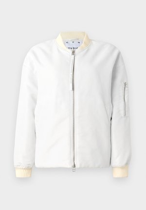 LeichteBomberjacke aus weißem Stoff, mit einem Reißverschluss vorne, geripptem Kragen und Bündchen in Creme und einer Reißverschlusstasche am Ärmel.